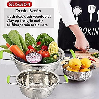 Stainless Steel Deep Colander Micro-perforated 2.5 Quart Metal Food Strainer with Green Silicone Handles for Draining Pasta Cleaning Food like Fruit - color: Green Double Handle 2.5 Quart