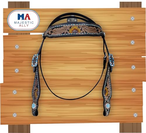 Majestic Ally Hand-Tooled Designer Padded Leather Horse Browband Headstall Breastcollar Set, Browband Headstall, Breastcollar (Headstall)