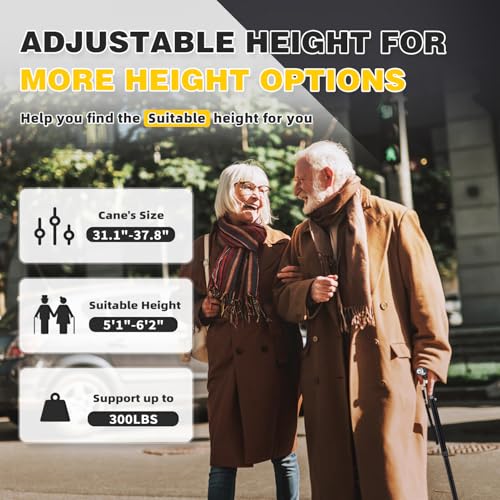 BeneCane Walking Cane for Women Folding Cane for Men with Two Led Lights Quad Cane with Stable Base Lightweight and Adjustable Walking Stick - color: Black