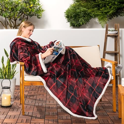 PAVILIA Sherpa Wearable Blanket with Sleeves and Pocket, Plush Thick Cozy Body Blanket Wrap for Adult Women Men, Christmas Gift for Wife Mom, Plaid Red - color: Plaid Red