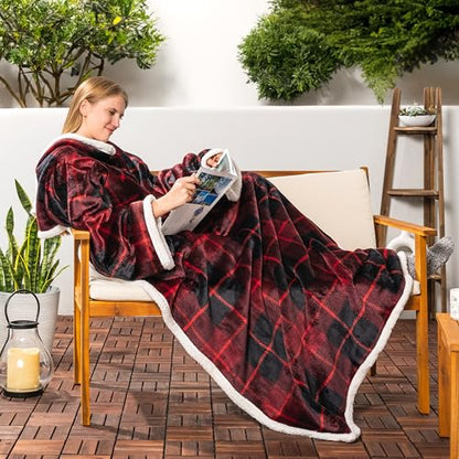 PAVILIA Sherpa Wearable Blanket with Sleeves and Pocket, Plush Thick Cozy Body Blanket Wrap for Adult Women Men, Christmas Gift for Wife Mom, Plaid Red - color: Plaid Red