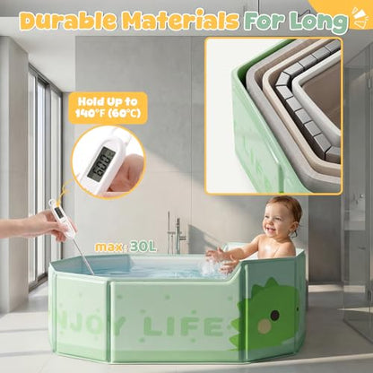 Orzbow Portable Toddler Bathtub with Temperature Sticker & Side Drain Plug | Collapsible Baby Bath Tub for Infant Kids 6 Months+ Travel, Easy to Clean, Stable & Durable, Fold to Space-Saving, Green