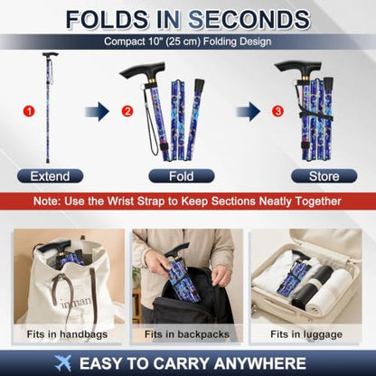 supregear Folding Cane, 5-Level Adjustable Height Walking Stick Lightweight Collapsible Portable Travel Cane with Wrist Strap and T Handle for Elderly Disabled Men Women - color: Dark Blue Floral