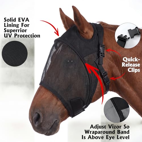 Full Size Horse Fly Mask All Round Mesh Horse Fly Masks UV Eye Protection Eye Mask for Horses with Uveitis, Photosensitivity, Ulcer, Head Shaking