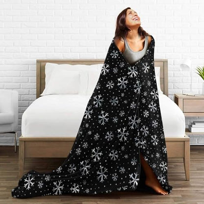 Winter Snowflakes Black Fleece Blanket Lightweight Ultra-Soft Christmas Throw Blanket for Sofa Couch Bed Camping Travel - Super Soft Cozy Microfiber Blanket 60"X50" - color: Winter Snowflakes(black), size: 60"x50"