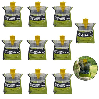 10 Pack Fly Traps Outdoor Hanging Disposable Fly Bags Trap, Effective Pre-Baited Flies Catcher, Flies Killer Bug Control for Patio, Yard, Chicken Coops, Horse Stables, Barns