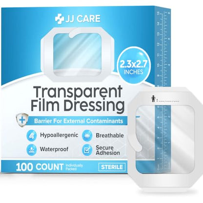 Transparent Film Dressing, Waterproof Bandages 2.3x2.7 100-Pack | FSA&HSA | occlusive dressing & clear wound cover for showering - tattoo protection film & transdermal patch cover, IV covers for PICC - size: 2.3x2.7 100ct