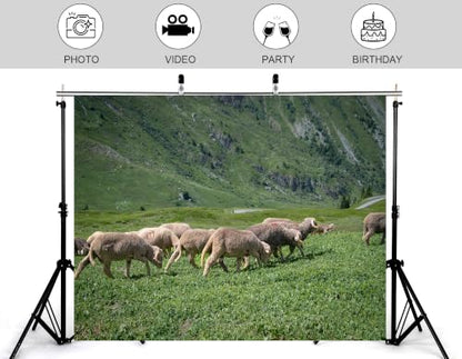 10x7ft Fabric Alpine Sheep Pasture Backdrop Wool Sheep Green Grass Steep Rocky Hillside Small Alpine Meadow Photography Background Tapestry Pastoral Decorations Photo Booth Props - size: 10x7ft