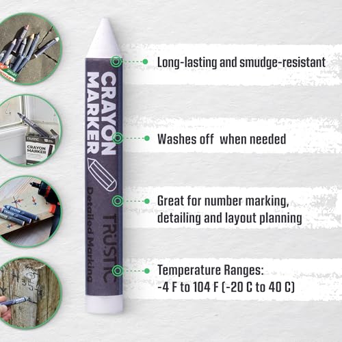 Universal Crayon Wax Marker for Industrial and Craft Detailed Marking on Lumber Metal Carton Ceramics Concrete Glass Plastic Tire 4 x 1/2", Pack of 12 (White) - color: White