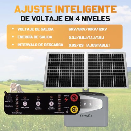 30 Miles/48km Solar Electric Fence Charger,15W Solar Powered Fencer with Adjustable 6KV to 12KV Output (0.3J-1.5J),Battery Level LCD Display,All-Weather Kit for Livestock,Deer,Farm,Yard - color: Gray