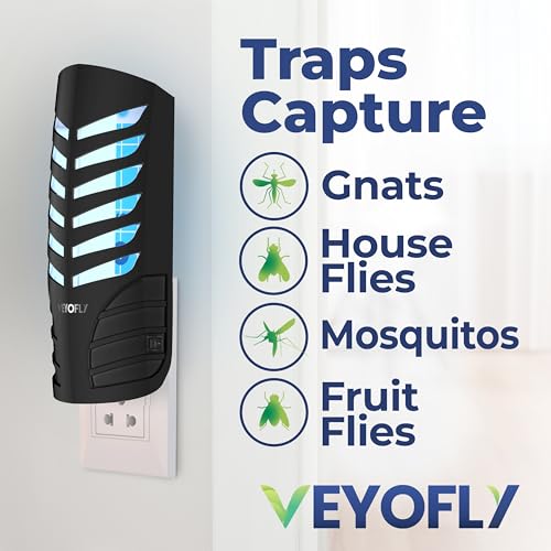 VEYOFLY Fruit Fly Traps for Indoors (4 Device + 12 Refills), Gnat Trap Indoor Plug in, Bug Traps, Flying Insect Trap, Gnat Traps for House Indoor, Fly Trap Indoor for Home Bug Light, Gnats Catcher | UV light attracts insects to glue cards, silent 24/7, pl