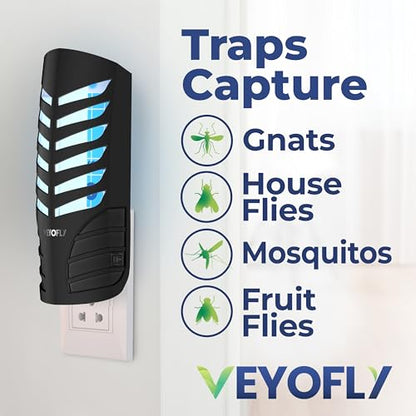 VEYOFLY Fruit Fly Traps for Indoors (4 Device + 12 Refills), Gnat Trap Indoor Plug in, Bug Traps, Flying Insect Trap, Gnat Traps for House Indoor, Fly Trap Indoor for Home Bug Light, Gnats Catcher | UV light attracts insects to glue cards, silent 24/7, pl