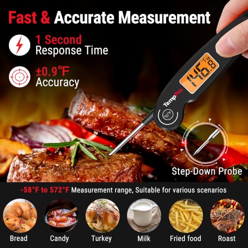 TempPro TempSwift 1 SEC Instant Read Meat Thermometer for Cooking | 100% Waterproof Digital Food Thermometer with Large Backlit LCD, Kitchen Thermometer for Grilling, Smoking & Candy Making - color: Black