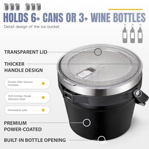 COKTIK 7L Vacuum Insulated Ice Bucket with Lid and Scoop& Tongs，Large capacity Stainless Steel Beverage Bucket for Cocktail, Champagne, Wine, Beer，Large Parties（Carbon Black Suit） - color: Carbon Black Suit