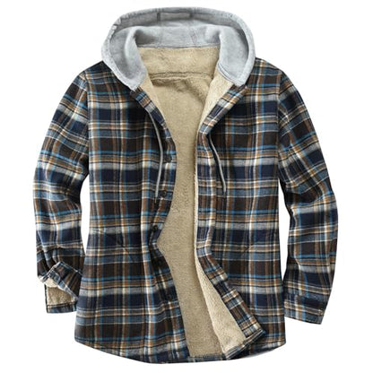 Men's Cotton Plaid Shirt Jacket Fleece Flannel Sherpa Button Down - color: Dark Blue, size: Small
