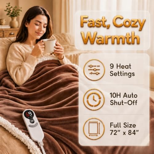 Heated Blanket Electric Blanket Full Size 72''x84'' with 9 Heating Levels, 1-10 Hour Auto Shut Off, Machine Washable, Flannel & Sherpa Soft Warming Blanket for Couch, Bed, Office - Brown - color: 06-brown, size: 72''x84''(Full)