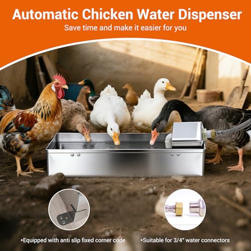 Automatic Chicken Waterer Dispenser 1 Gallon Large Stainless Metal Poultry Waterer Feeder Hanging Chicken Watering System with Float Valve Hose Kit for Pigeon Duck Goose Turkeys for Chicken Coop