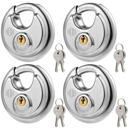 HOX Keyed Disc Padlock, Stainless Steel Keyed-Alike Padlocks, 4-Pack Heavy Duty Locks, Waterproof Outdoors Lock with 3/8 Inch Shackle, 2-3/4 Inch Wide Body, for Hasp Latch, Fences, Storage Locker - color: DP-4P