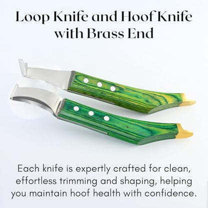 Premium Farrier Loop & Hoof Knife with Brass End – Professional Hoof Trimming Tool for Horses, Cows & Livestock, Stainless Steel Blade, Ergonomic Wood Handle (Green) - color: Green