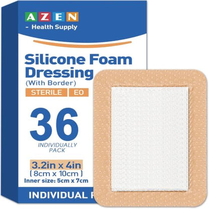 AZEN 36 Pack Silicone Foam Dressing, 3.2" X 4" Waterproof Silicone Bandages with Border Adhesive, Large Bandages for Wounds, Self Adhesive Wound Care and Dressings - color: 36p
