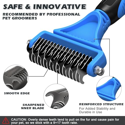 3PCS Pet Grooming Rake & Metal Comb & Flea Comb for Cats and Dogs, Double-Sided Dematting Tool, Extra-Wide Deshedding Dog Brush for Long Hair to Effectively Remove Tangles, Knots and Mats (Blue) - color: A-Blue