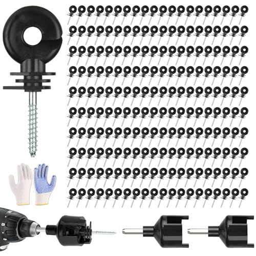 300 PCS Electric Fence Insulators with Socket Tool and Gloves, Screw in Ring Insulator for Fence Wood Post, Compatible with Electric Polywire or Steel and Aluminum Wire - Black - color: 301PCS