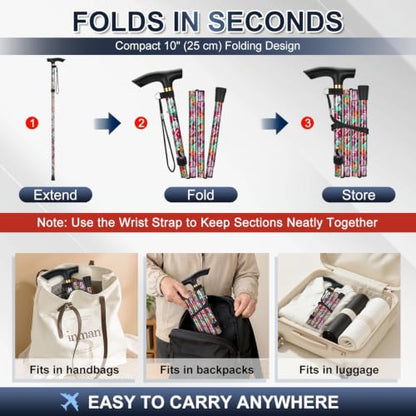 supregear Folding Cane, 5-Level Adjustable Height Walking Stick Lightweight Collapsible Portable Travel Cane with Wrist Strap and T Handle for Elderly Disabled Men Women - color: Dark Pink Floral