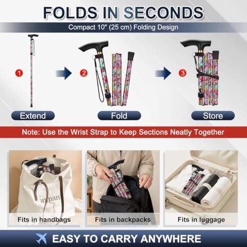 supregear Folding Cane, 5-Level Adjustable Height Walking Stick Lightweight Collapsible Portable Travel Cane with Wrist Strap and T Handle for Elderly Disabled Men Women - color: Dark Pink Floral