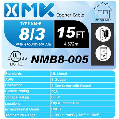 XMK 15ft NM-B 8/3 Wire with Ground,8 Gauge 3 Conductor Wire,8-3 Copper 8AWG - size: 15ft, style: 8 AWG-3 Conductor w/ Ground