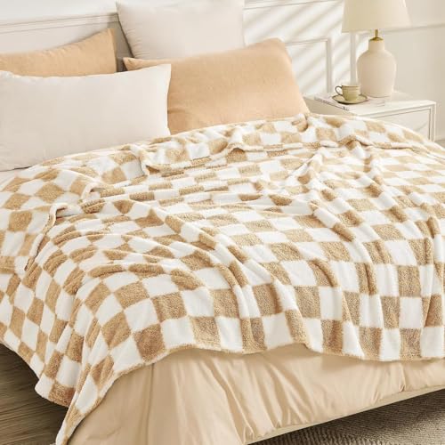 EMME Checkered Blanket Twin Size - 60"x80" Beige Knit Blanket Soft Fluffy Patterned Throw Blankets for Couch, Sofa, Chair, Bed, Camping, Picnic, Travel - color: 21-checkered Beige, size: Twin