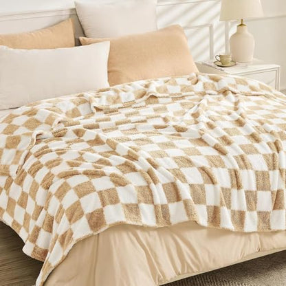 EMME Checkered Blanket Twin Size - 60"x80" Beige Knit Blanket Soft Fluffy Patterned Throw Blankets for Couch, Sofa, Chair, Bed, Camping, Picnic, Travel - color: 21-checkered Beige, size: Twin