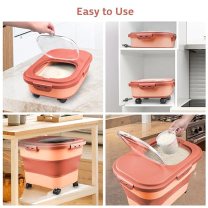 Komzon Rice Storage Containers, Collapsible 20 to 30Lbs Food Storage Bin Dispenser with Rolling Wheel and Clear Airtight Lid, BPA Free Flour, Sugar, Cereal and Dog Cat Pet food Containers - color: Pink