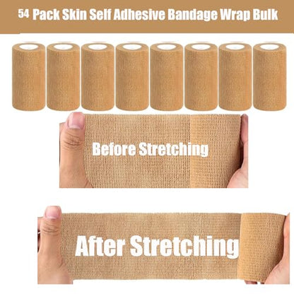 54 Pack Skin Self Adhesive Bandage Wrap Bulk 4 Inch x 5 Yards Cohesive Bandage,Vet Wrap Breathable Elastic Self-Adherent Tape for Stretch Athletic Sports Wrist Ankle Dogs Pet Vet Wrap - color: Skin