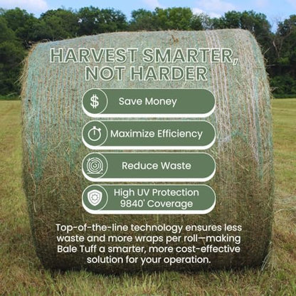 Bale Tuff Round Bale Net Wrap - Green - 48inx9840ft - 5-Ft Balers - 1 Roll | Heavy-duty Extruded Resins, High-density Silage Compression, Solar UV-resistant Mesh, Smooth-feed design