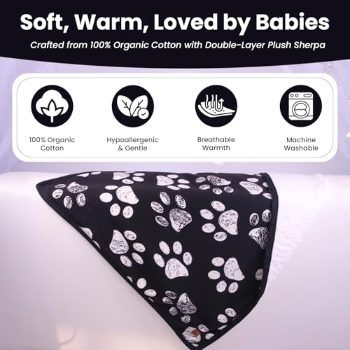 Organic Cotton Pet Blanket 30x40, Sherpa, Beige Jacquard Paw - color: Beige Paw/Black