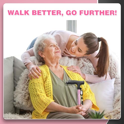 BigAlex Folding Walking Cane with LED Light,Pivoting Quad Base,Adjustable Walking Stick with Carrying Bag for Men/Women - color: Pink(5'5"-6'3")