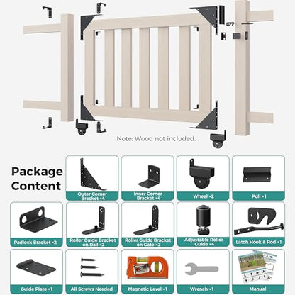 Sliding Gate Hardware Kit, Anti-Sag Wooden Gate Corner Bracket & Roll Wheel