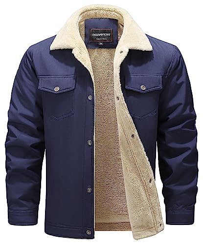 HOW'ON Men's Casual Sherpa Fleece Lined Jacket Warm Coat With Fur Collar - color: Dark Blue, size: Small