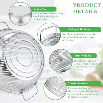 Stainless Steel Colander Set of 3, 18/8 Food Grade Steel Kitchen Strainers, 2, 3 & 5 Quart Metal Pasta Strainers with Welded Handles, Non-Slip Feet, 2.5mm Precision Holes, Dishwasher Safe - color: Stainless Steel