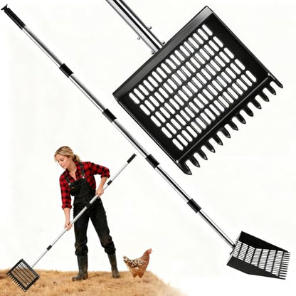 Adjustable Chicken Poop Scooper, 4-in-1 Sifting Litter Shovel for Chicken Coop, Adjustable Stainless Steel Handle Metal Chicken Poop Scooper Goat Stall, and Stable Cleaning (24 to 70 Inches)