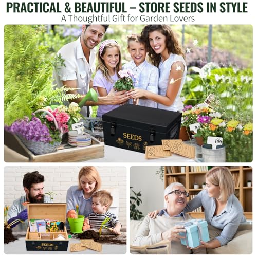 Large Bamboo Wood Seed Storage Organizer Box with Lid, Double-Layer Seal Design Seed Saving Box with Premium Coated Safety Lock, Handles, Extra Seed Envelopes and Labels, Great Gifts for Gardener - color: 3.Black(Large)
