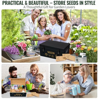 Large Bamboo Wood Seed Storage Organizer Box with Lid, Double-Layer Seal Design Seed Saving Box with Premium Coated Safety Lock, Handles, Extra Seed Envelopes and Labels, Great Gifts for Gardener - color: 3.Black(Large)