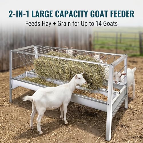 VOHALA 92 Gallon Hay and Grain Feeder for Goats, Galvanized Steel 2-in-1 Livestock Feeder with 37 Gallon Feed Pan, Heavy Duty Freestanding Hay Rack for Sheep, Easy Assembly for Outdoor Farm Use