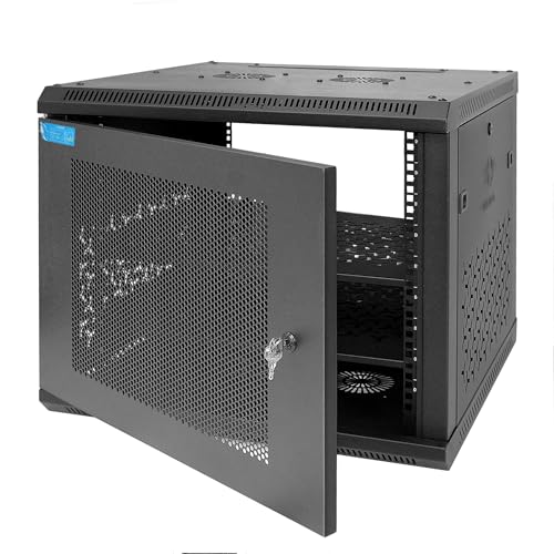 9U Wall Mount Server Cabinet with A Lockable Front Vented Door, Cooling Fans, Removable Side Panels - 60cm Depth, 19" Network Rack Including 2 PCS Full-Size Rack Shelves for IT Equipment - size: 9U/600mm Depth
