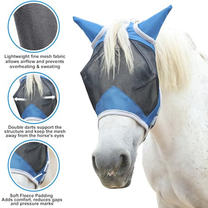 Horse Fly Mask with Ears, Breathable Fine Mesh Royal Blue Cob - color: Royal Blue, size: Cob