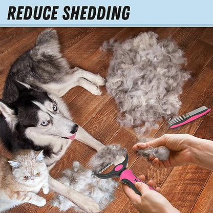 Docrok Pet Grooming Brush and Metal Comb Combo for Dogs & Cats, Pink | Dematting Deshedding Undercoat Rake, Cat Brush Dog Brush Shedding Tool for Long Matted Haired Pets - color: Pink