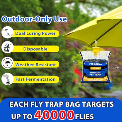 Large 4 Pack Pre-Baited Fly Traps Outdoor Fly Trap for Patio Farm Ranch | 50g Dissolvable Bait Fly Hunter for Flying Insects, Weatherproof Outdoor Fly Bags, Fly Catcher for Chicken Coop Barn