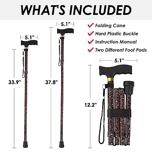 Walking Cane PANZHENG Cane for Man/Woman | Mobility & Daily Living Aids | 5-Level Height Adjustable Walking Stick | Comfortable Plastic T-Handle Portable Walking Stick Folding Cane - color: balck flower