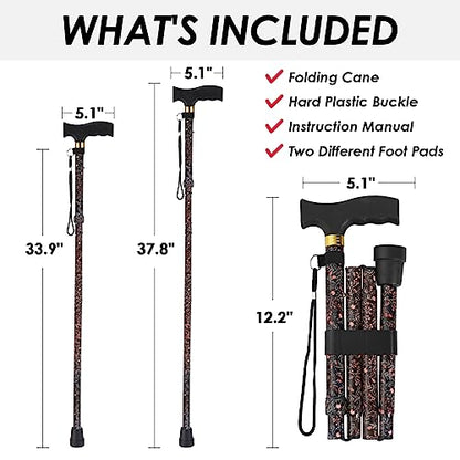Walking Cane PANZHENG Cane for Man/Woman | Mobility & Daily Living Aids | 5-Level Height Adjustable Walking Stick | Comfortable Plastic T-Handle Portable Walking Stick Folding Cane - color: balck flower