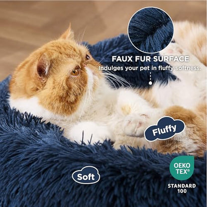 Bedsure Calming Cat Beds Donut Round Washable Kitten Bed,20 inches Navy | Fluffy Faux Fur Cuddler,Machine Washable,Anti-Slip Bottom,Anti-Anxiety,Deep Sleeping for Cats&Small Pets Up to 15 Lbs - color: Navy, size: 20"L x 20"W x 6"Th